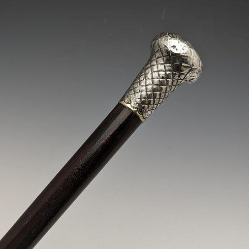 1901 British antique gentleman's walking stick, pure silver, engraved pattern, round handle, 89cm